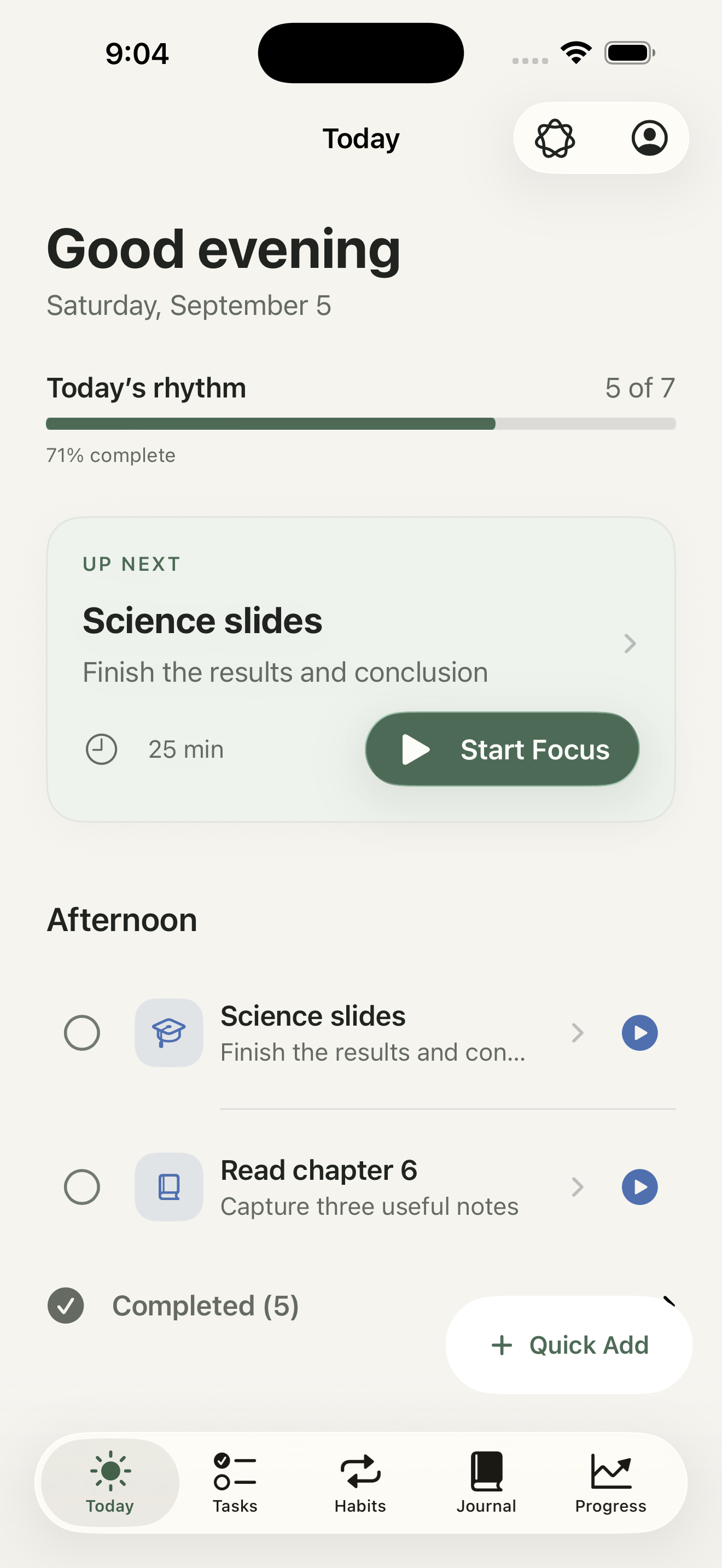 Rhythm Today screen with sample tasks